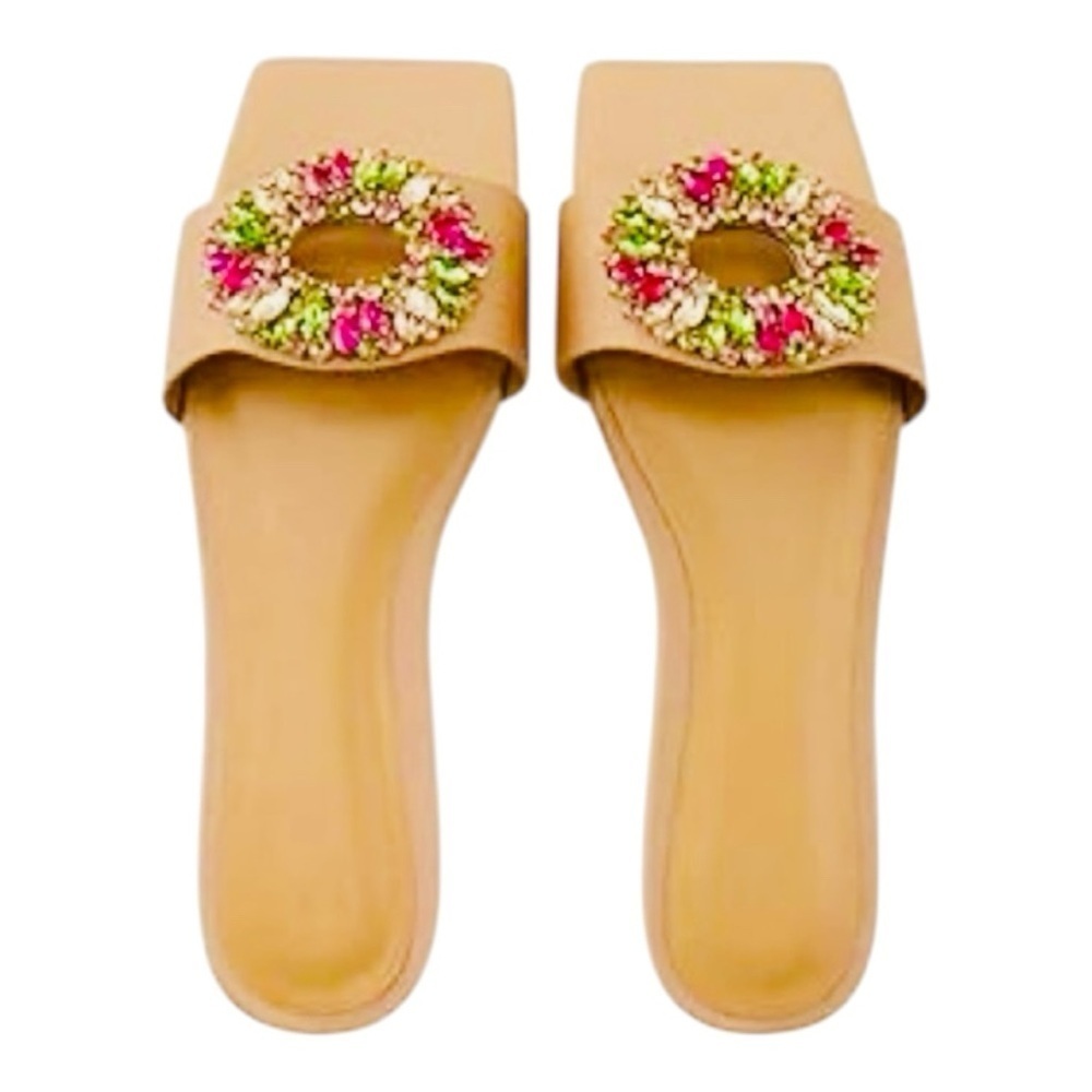Zara Tan Green Sandals with Elegant Jeweled Design